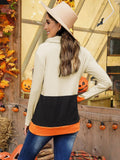 Cowl Neck Pumpkin Pattern Print Long Sleeve Color Block Sweatshirt Sai Feel