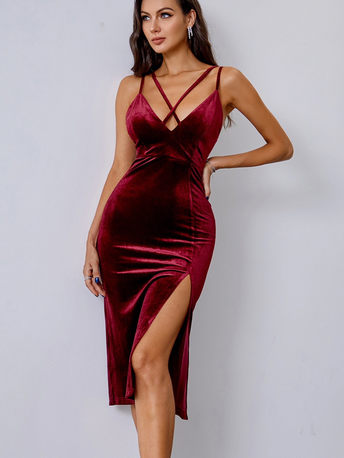 Crisscross Zip Back Split Thigh Velvet Dress Sai Feel