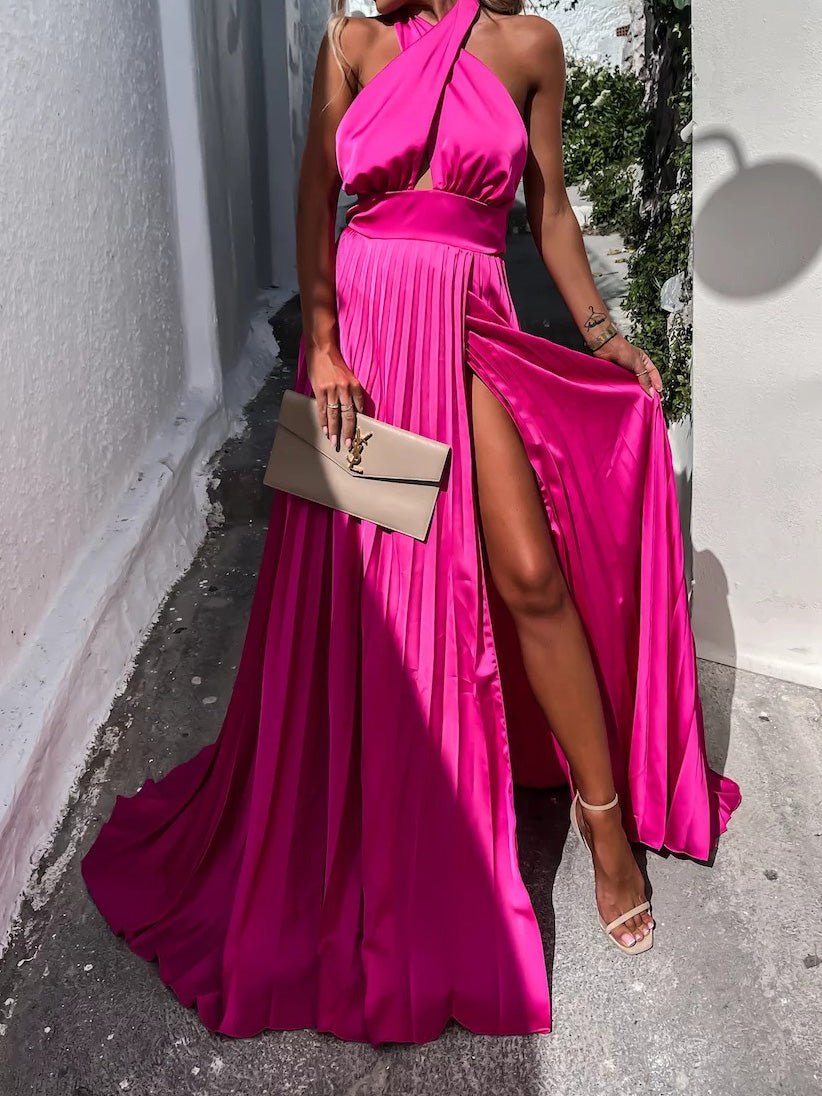 Cross Halterneck Pleated Sleeveless Slit Dress Sai Feel