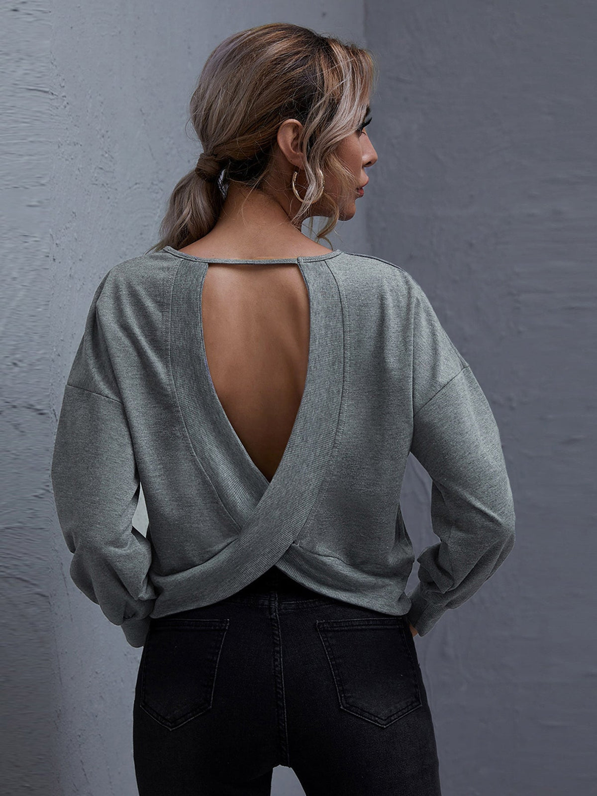 Cut Out Back Drop Shoulder Pullover Sai Feel