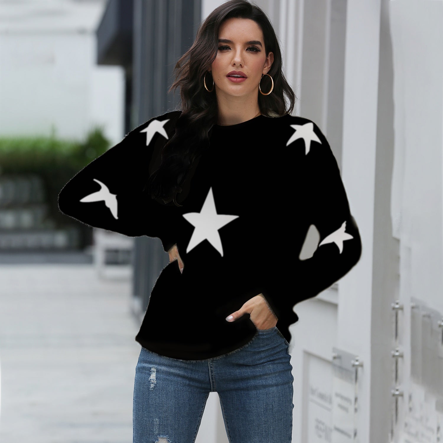 Cutesy Star-Print Fuzzy Sweater Sai Feel