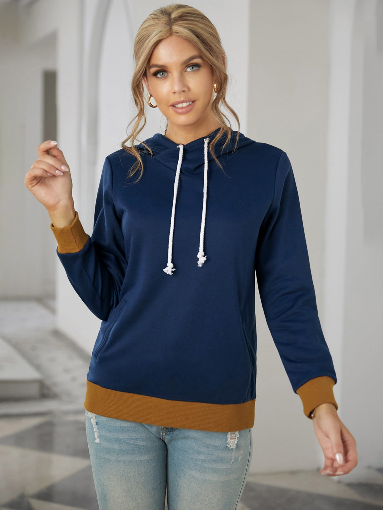 Dark Blue Color Block Zipper Pocket Hoodie Sai Feel
