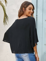 Deep V Neck Knot Front Batwing Sleeve Tee Shirt Sai Feel