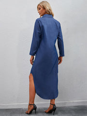 Denim Long Sleeve Solid Color Button Up Dress Sai Feel