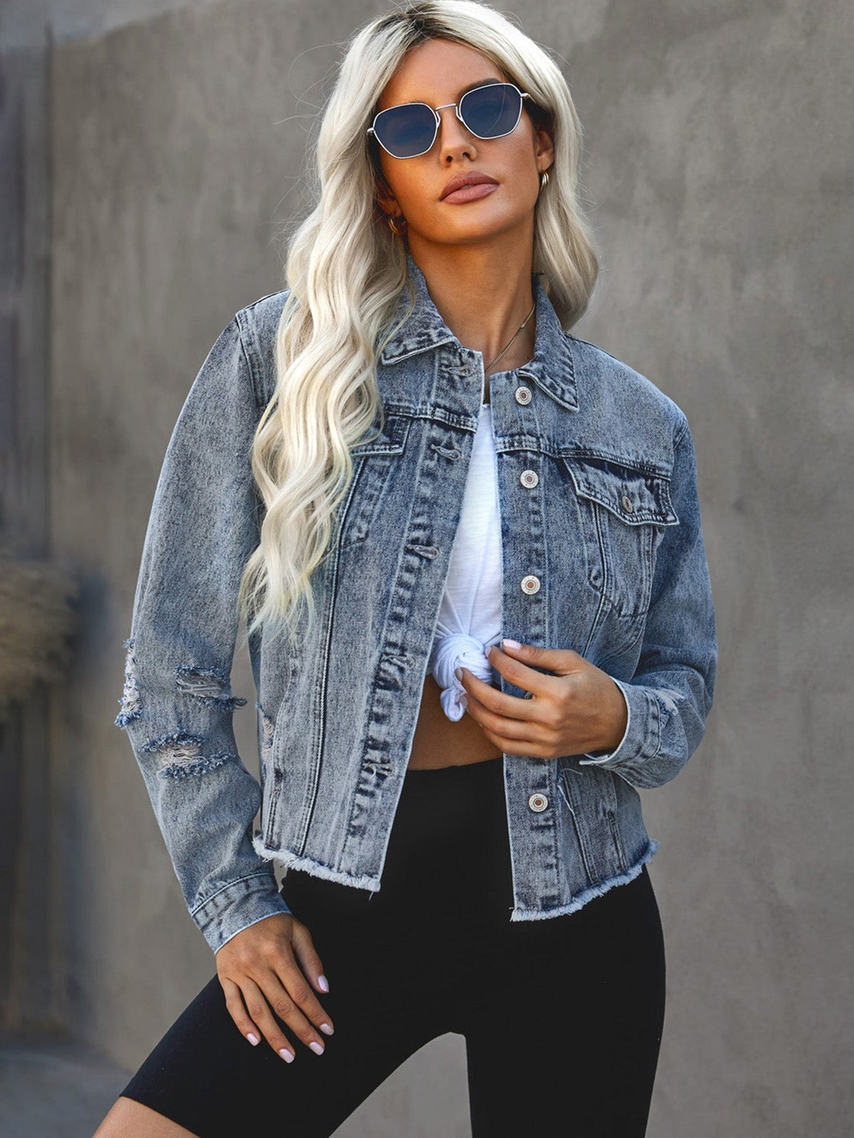 Distressed Denim JacketLong Sleeve Turtleneck Jean Jackets Sai Feel