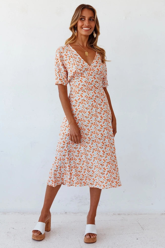 Disty Allover Print V Neck Midi Dress Sai Feel