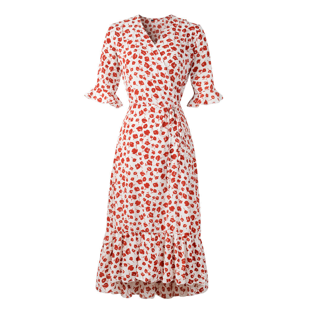 Disty Print ruffled Self Tie Wrap Dress Sai Feel