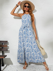 Ditsy Floral Halter Neck Split Belted Maxi Dress Sai Feel