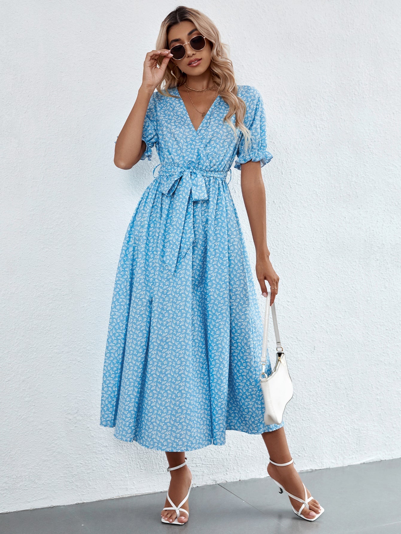 Ditsy Floral Puff Sleeve Belted Dress Sai Feel