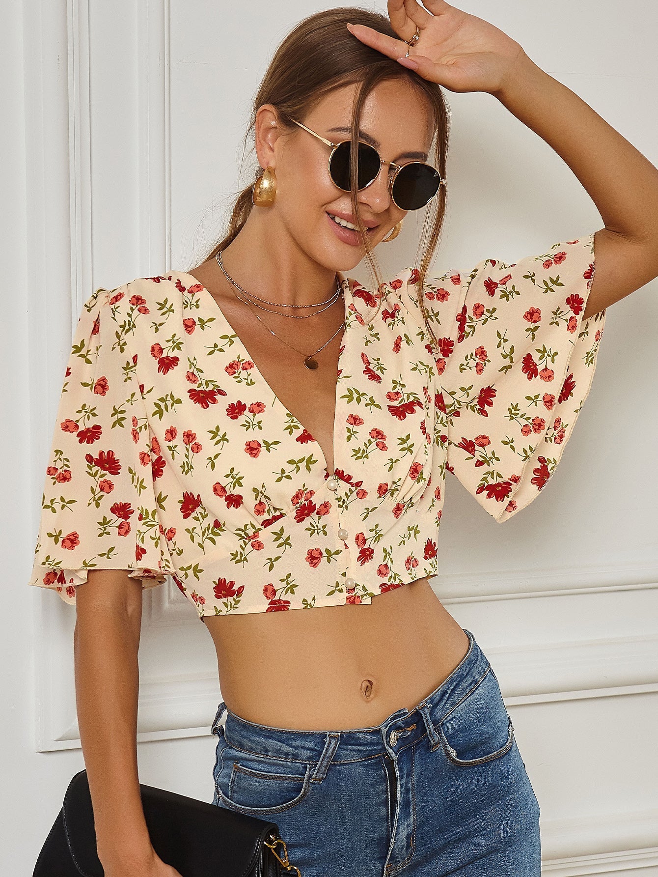 Ditsy Floral Single Button Crop Top Sai Feel