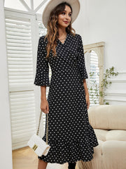 Dot Prin 3/4 Sleeve Front Slit Tie Wrap Long Dress Sai Feel