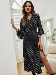 Dot Prin 3/4 Sleeve Front Slit Tie Wrap Long Dress Sai Feel