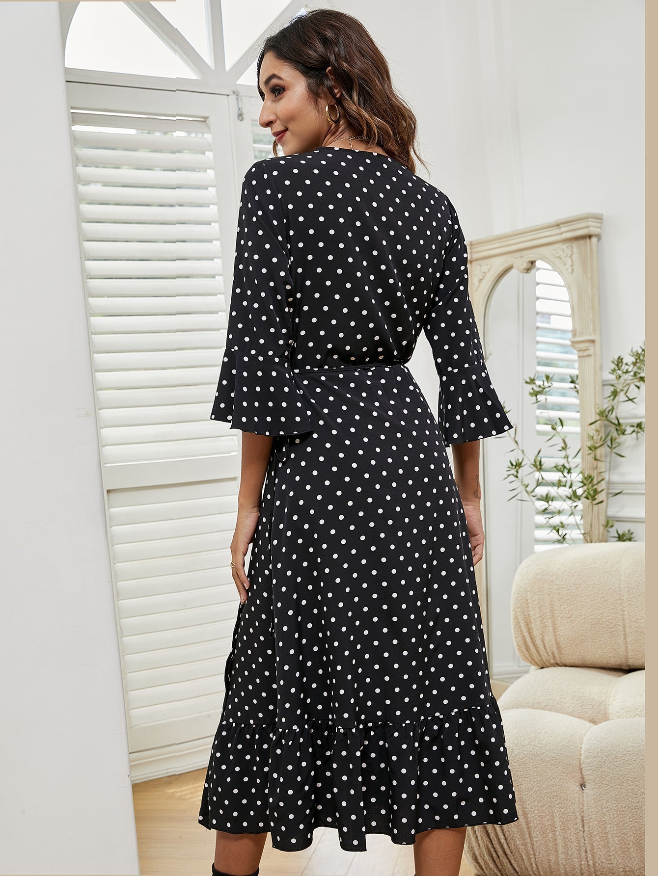 Dot Prin 3/4 Sleeve Front Slit Tie Wrap Long Dress Sai Feel