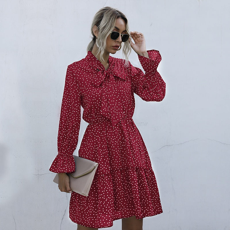 Dot Print High Waist Chiffon Dress Women Long Sleeve A-line Spring Autumn Dress Vestidos Sai Feel