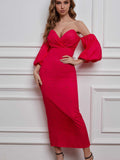 Dots Print Off Shoulder Puff Sleeve Bodycon Maxi Dress Sai Feel