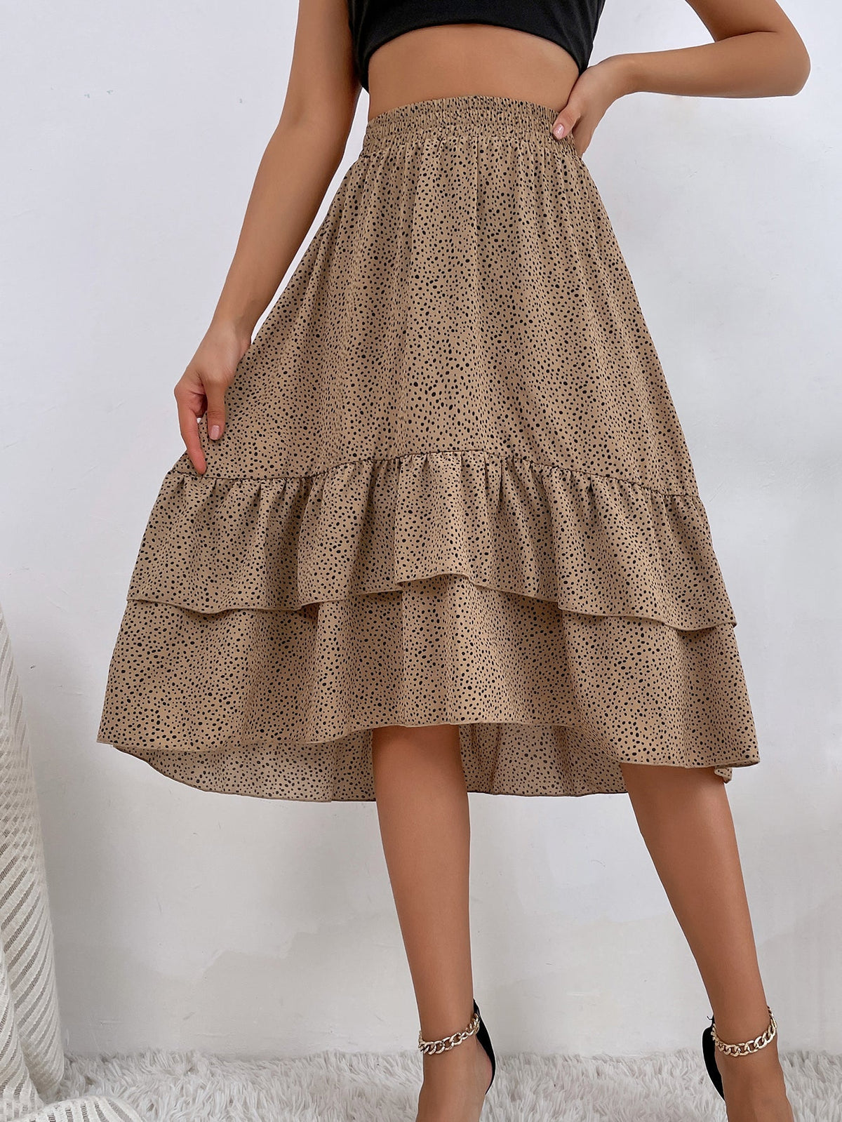 Dots Print Ruffles Elastic Waist Skirt Sai Feel