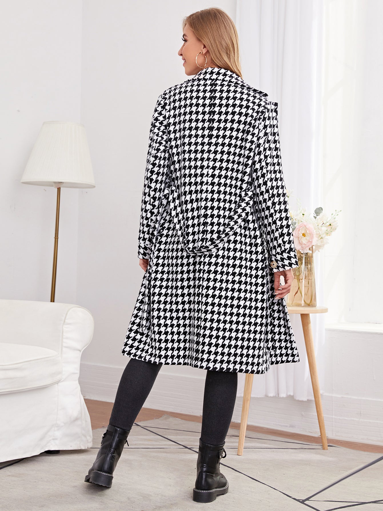 Double Button Lapel Collar Self Tie Houndstooth Overcoat Sai Feel