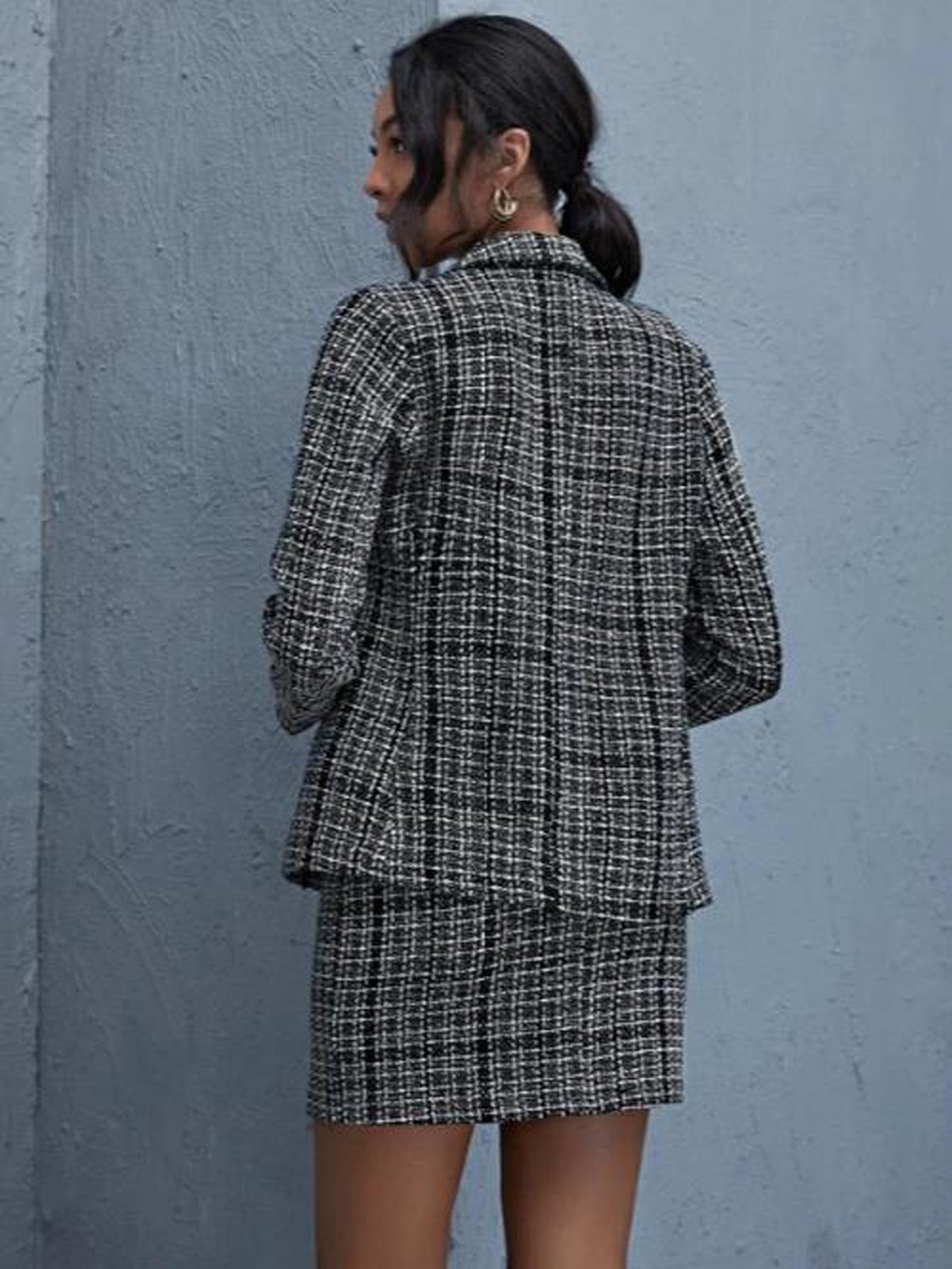 Double Button Raw Hem Plaid Tweed Blazer & Skirt Set Sai Feel