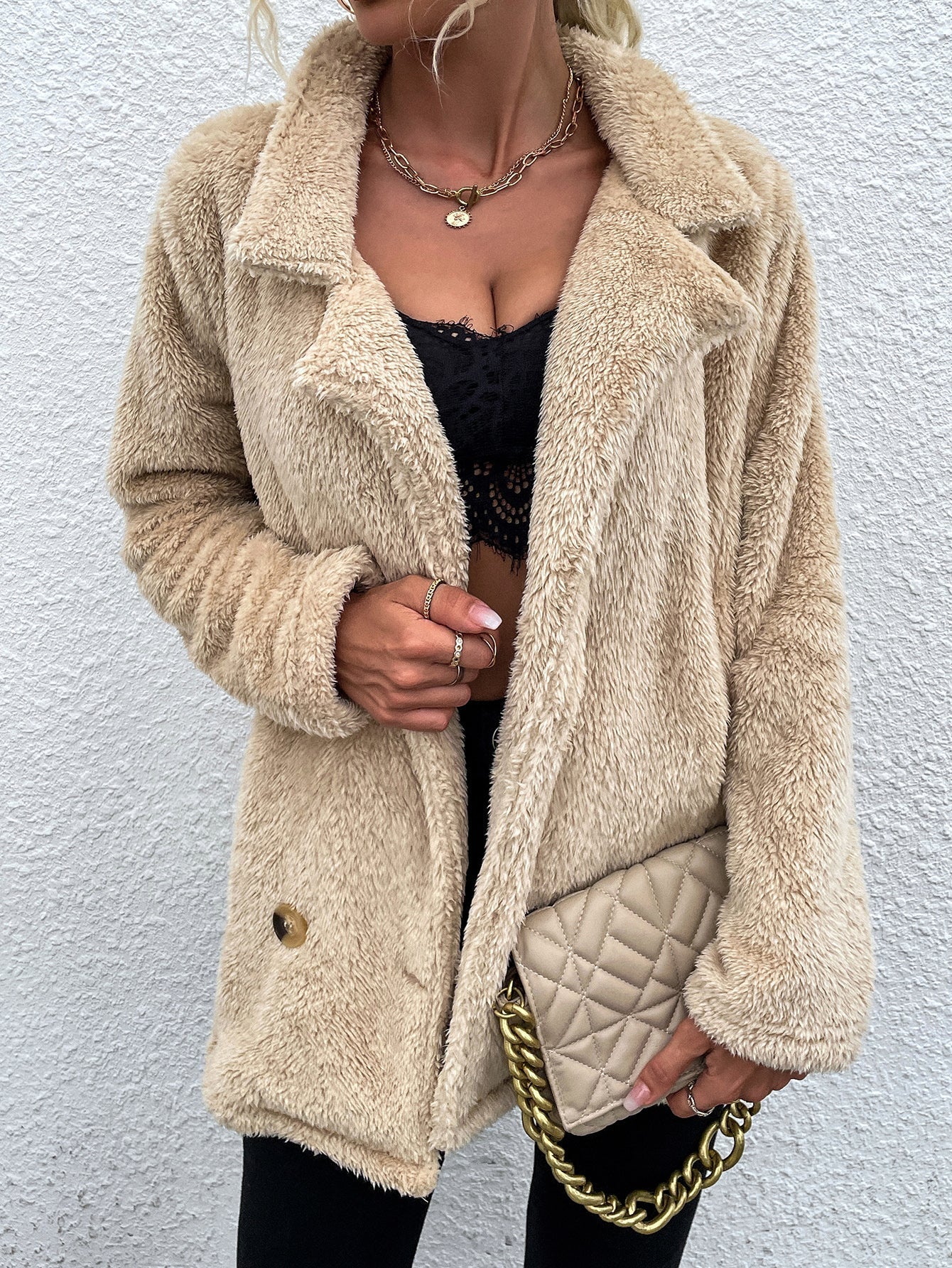 Double-breasted lapel beige fur coat Sai Feel