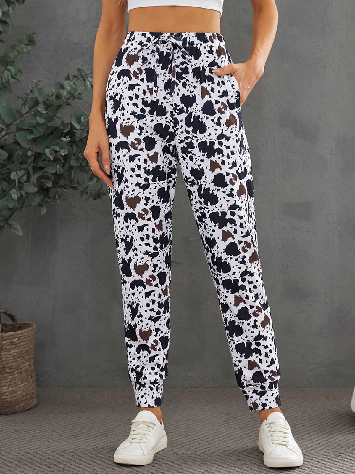 Drawstring Elastic Waist Cow Print Pants Sai Feel