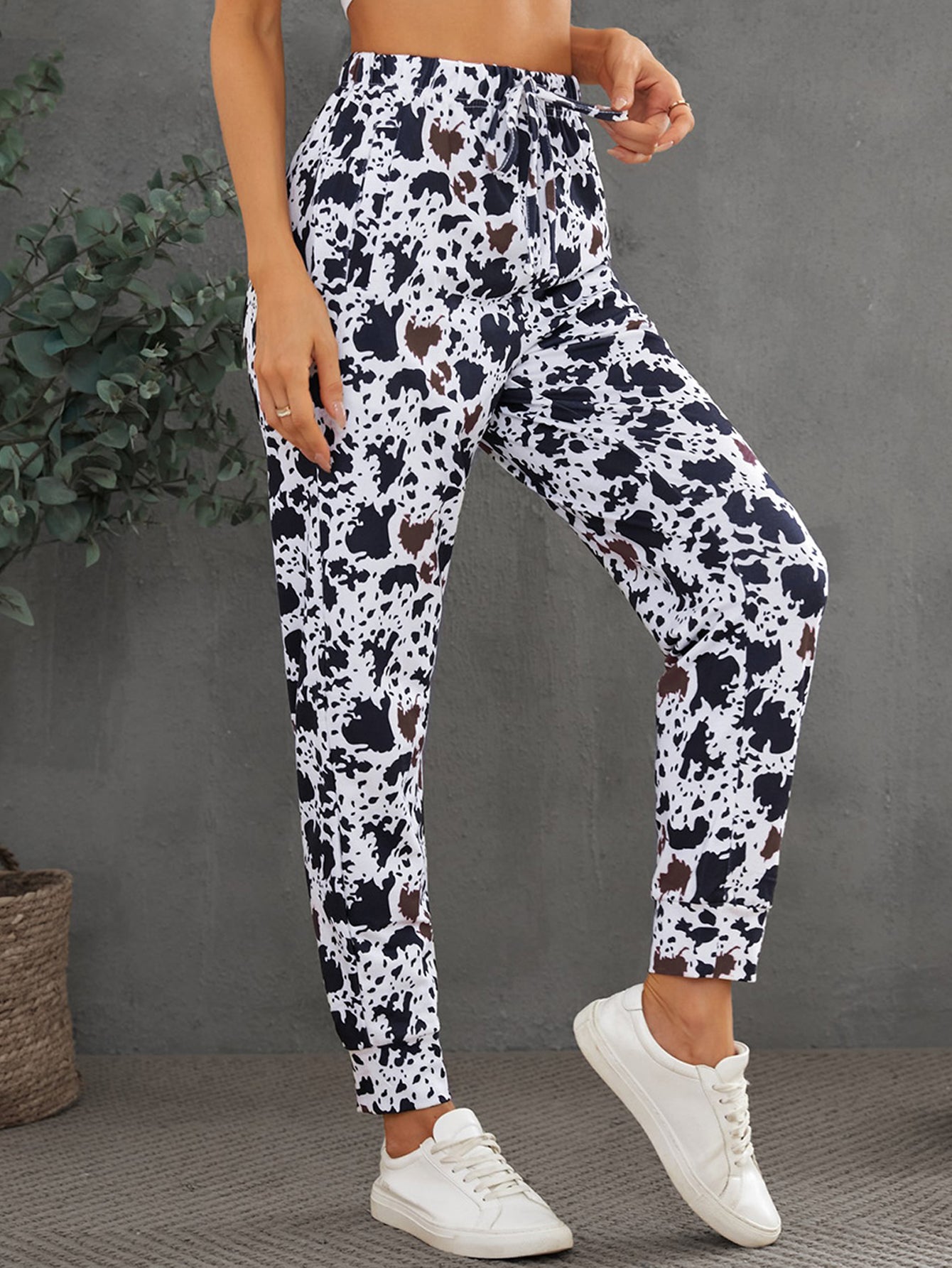 Drawstring Elastic Waist Cow Print Pants Sai Feel