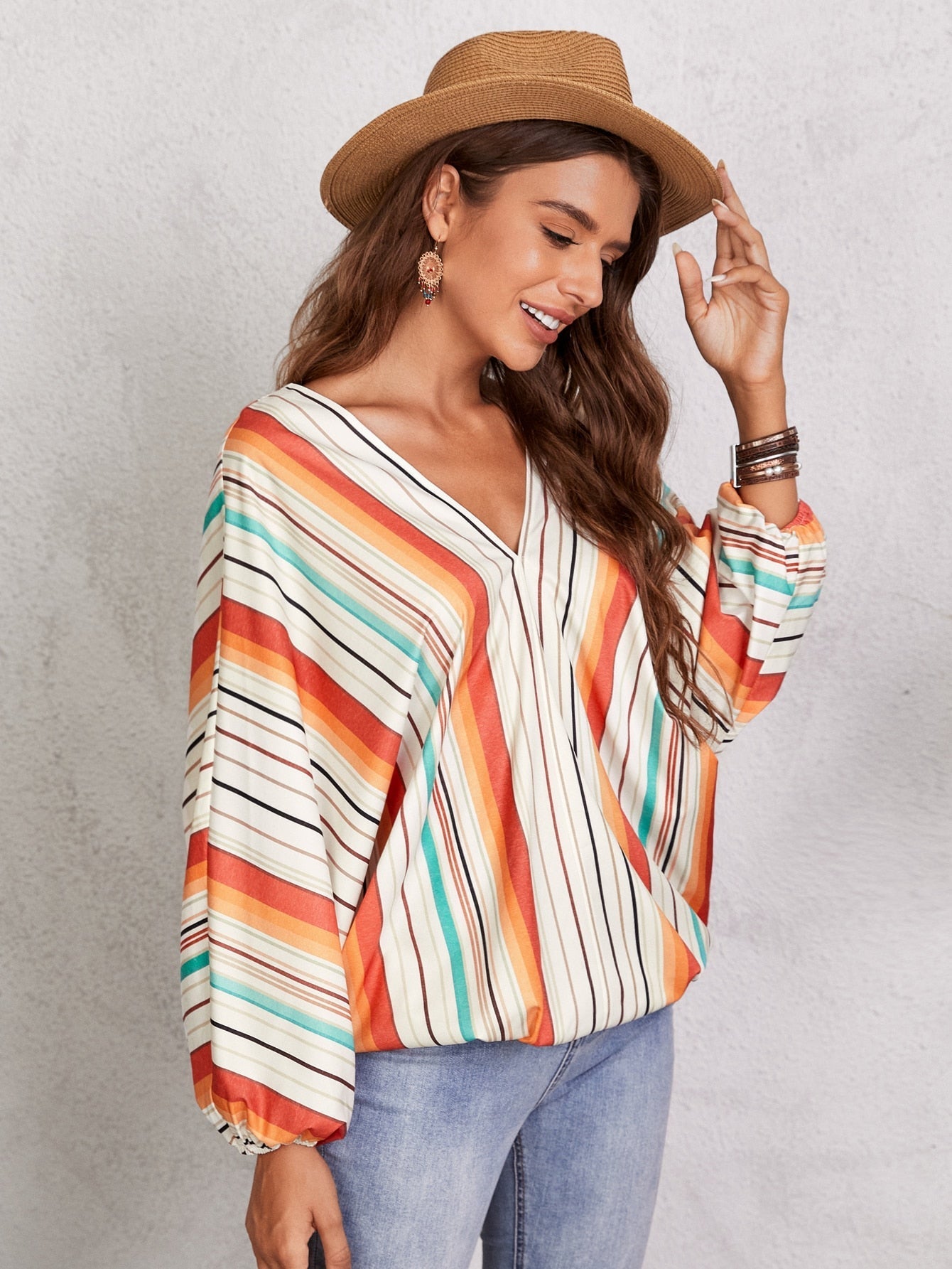 Drop Shoulder Batwing Sleeve V Neck Stripe Blouse Sai Feel