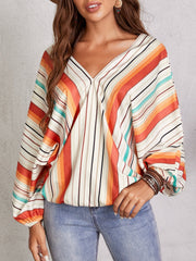 Drop Shoulder Batwing Sleeve V Neck Stripe Blouse Sai Feel