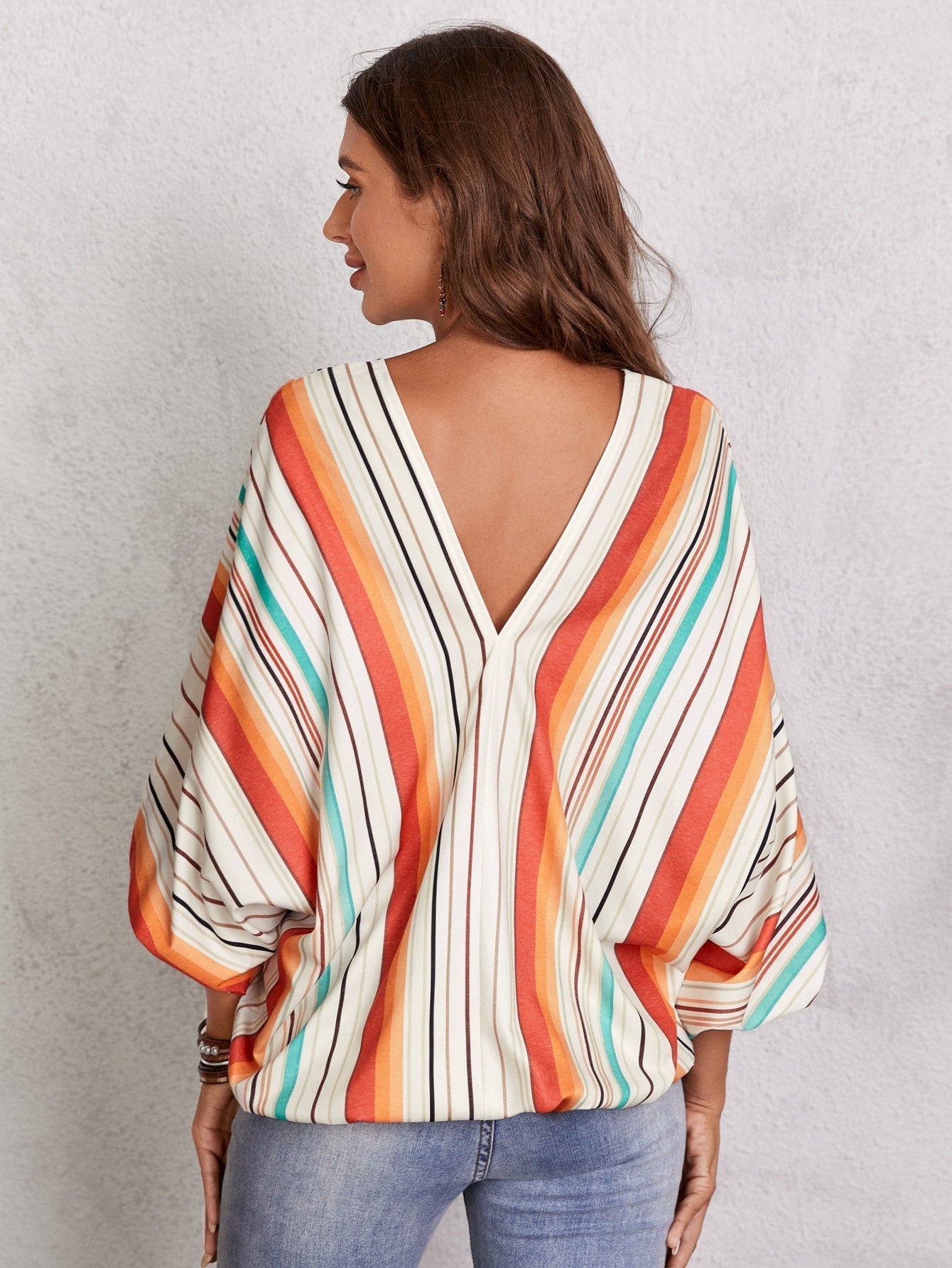 Drop Shoulder Batwing Sleeve V Neck Stripe Blouse Sai Feel