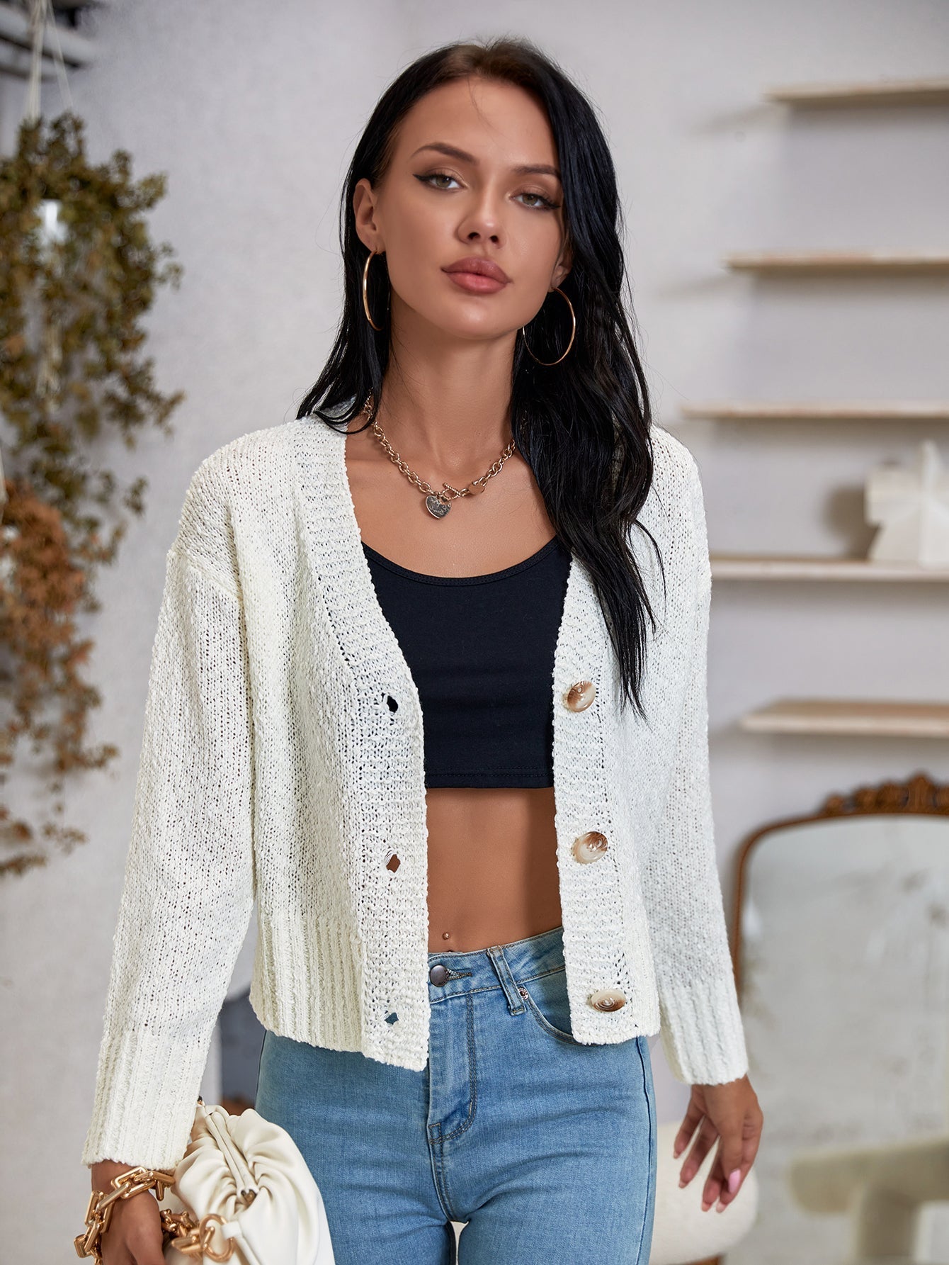 Drop Shoulder Button Front Cardigan Sai Feel