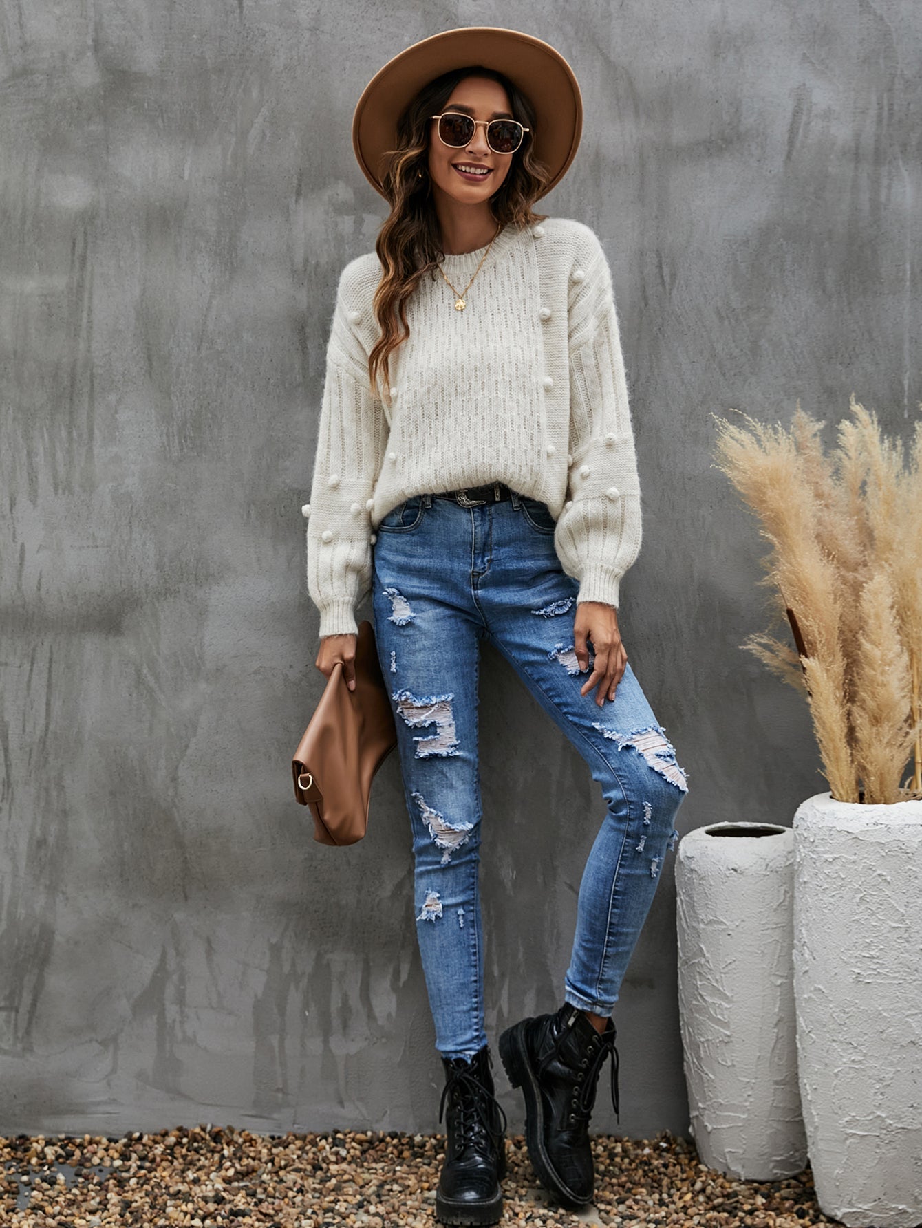 Drop Shoulder Chunky Knit Ball Sweater Sai Feel
