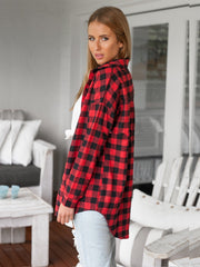 Drop Shoulder Curved Hem Buffalo Plaid Coat Sai Feel