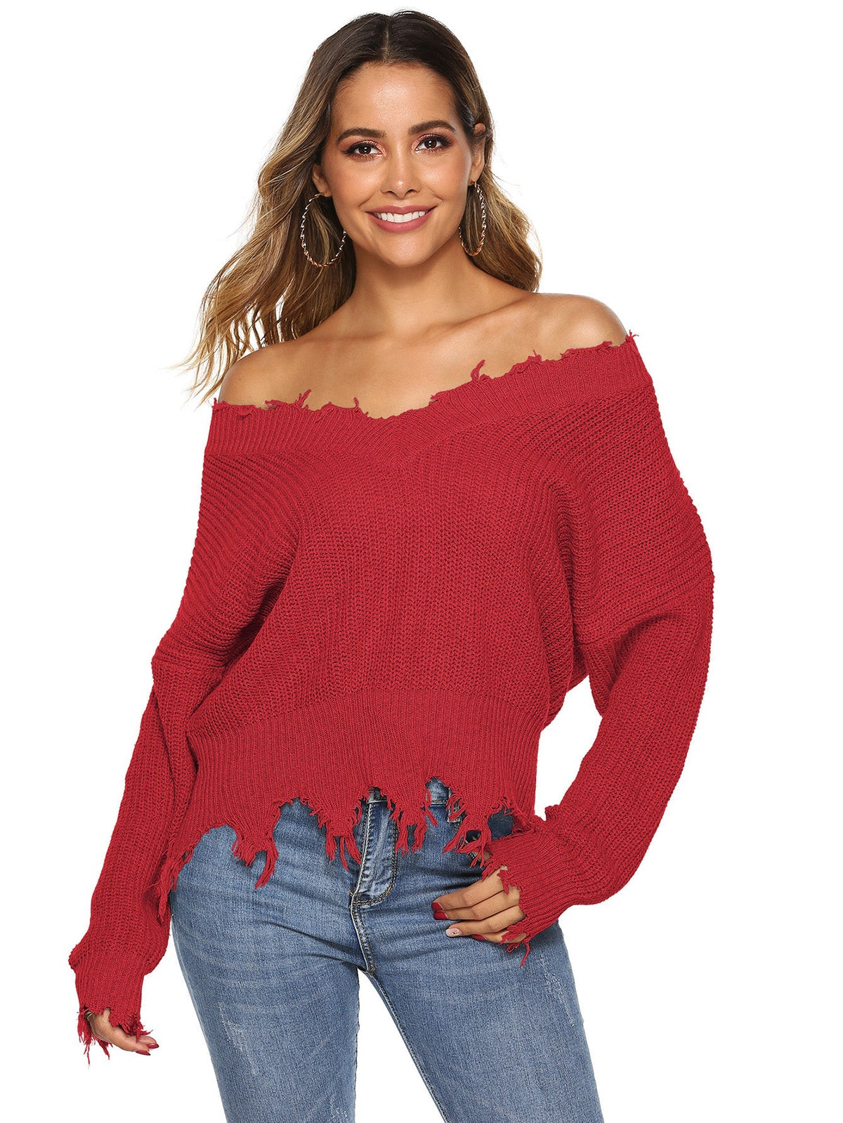 Drop Shoulder Distressed Sweater Sai Feel