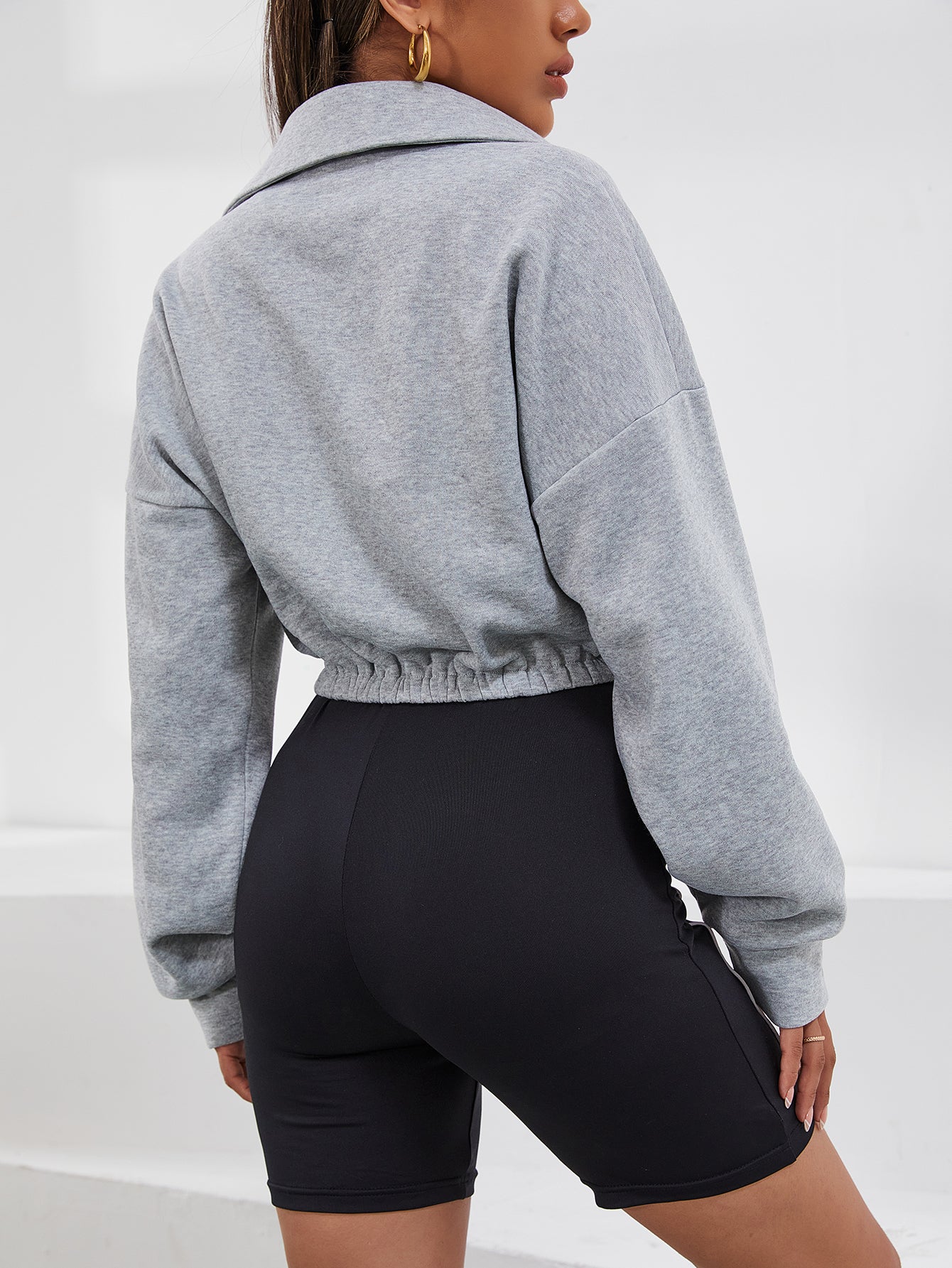 Drop Shoulder Half Zip Front Crop Sweatshirt Sai Feel