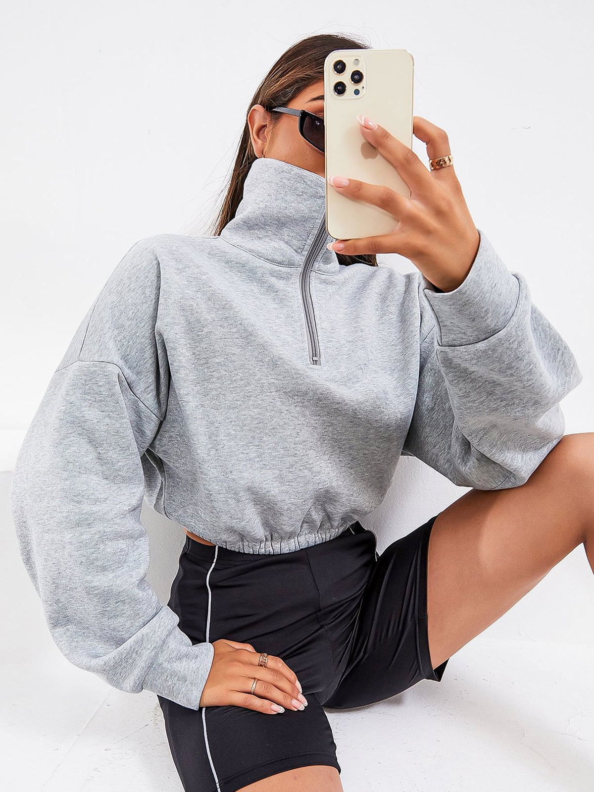 Drop Shoulder Half Zip Front Crop Sweatshirt Sai Feel