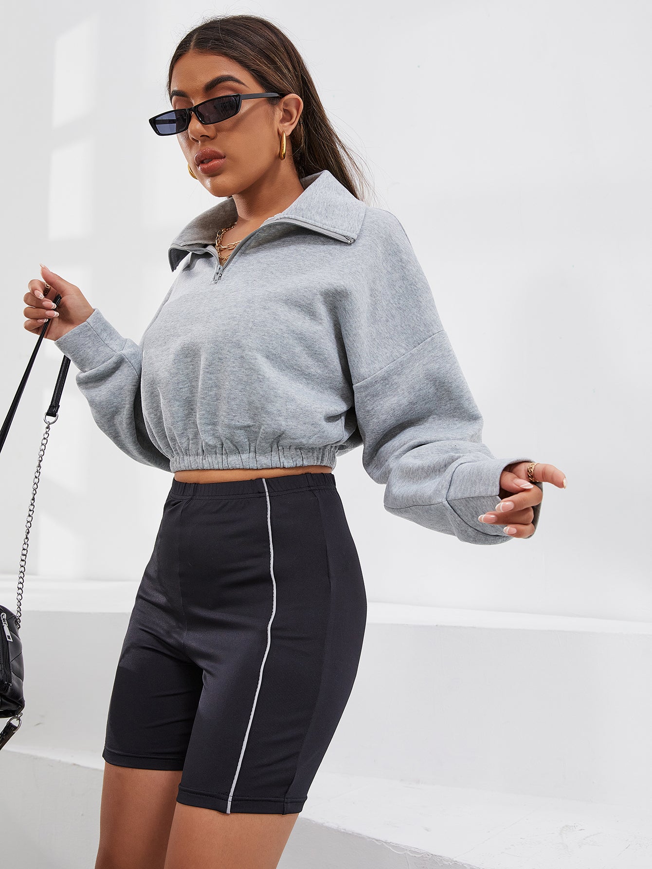 Drop Shoulder Half Zip Front Crop Sweatshirt Sai Feel