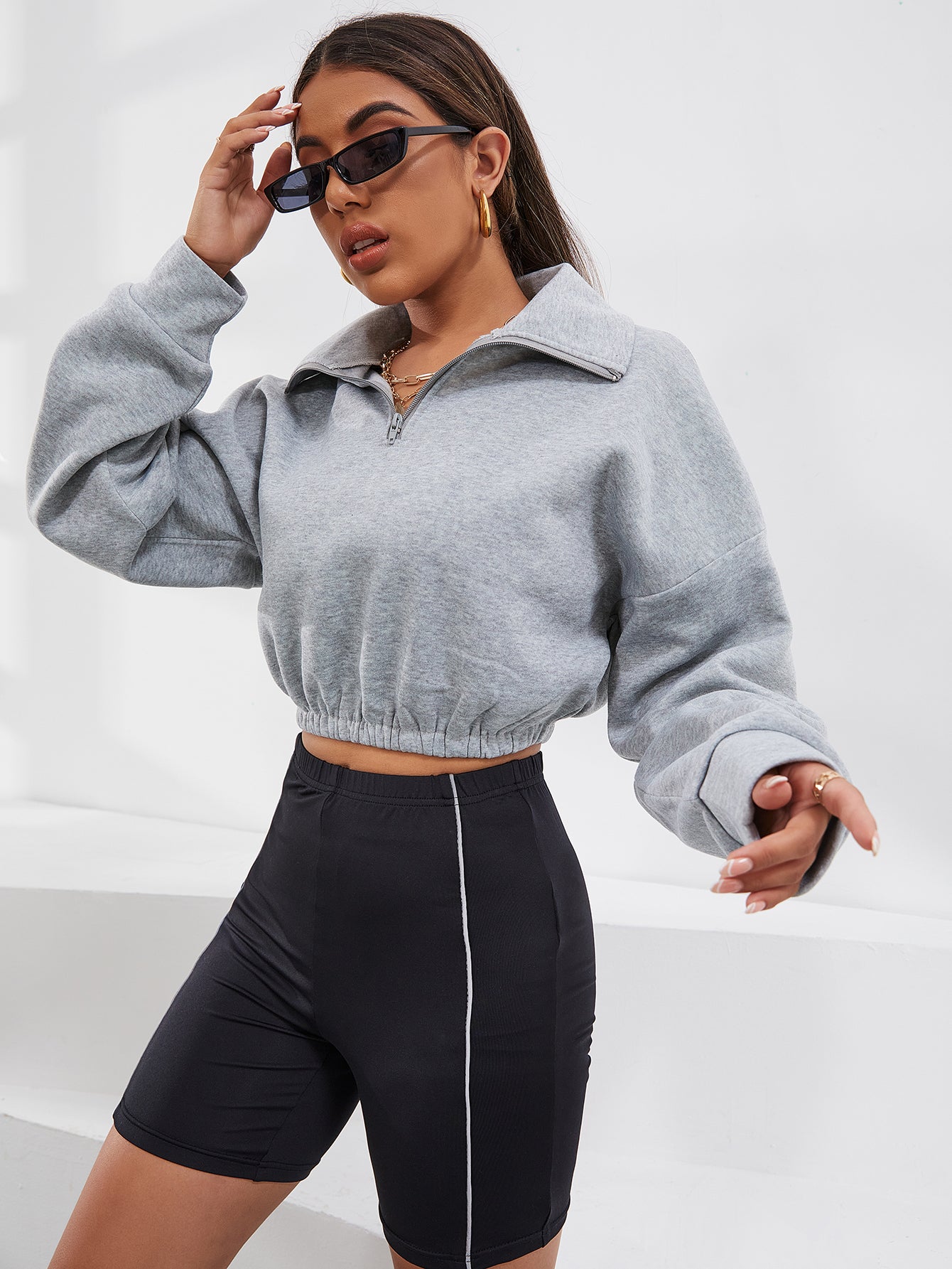 Drop Shoulder Half Zip Front Crop Sweatshirt Sai Feel