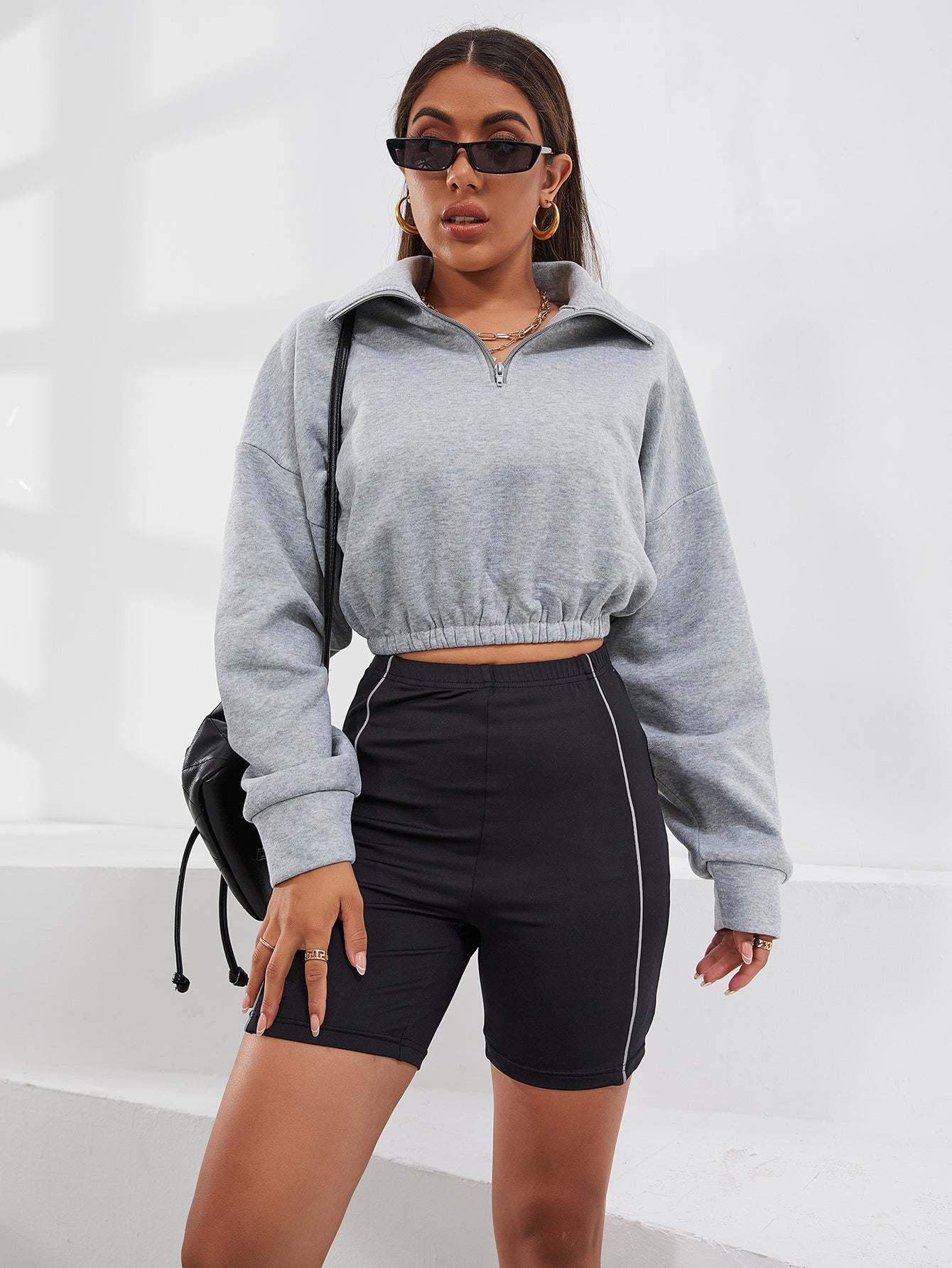 Drop Shoulder Half Zip Front Crop Sweatshirt Sai Feel