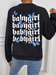 Drop Shoulder Letter & Butterfly Print Pullover Sai Feel
