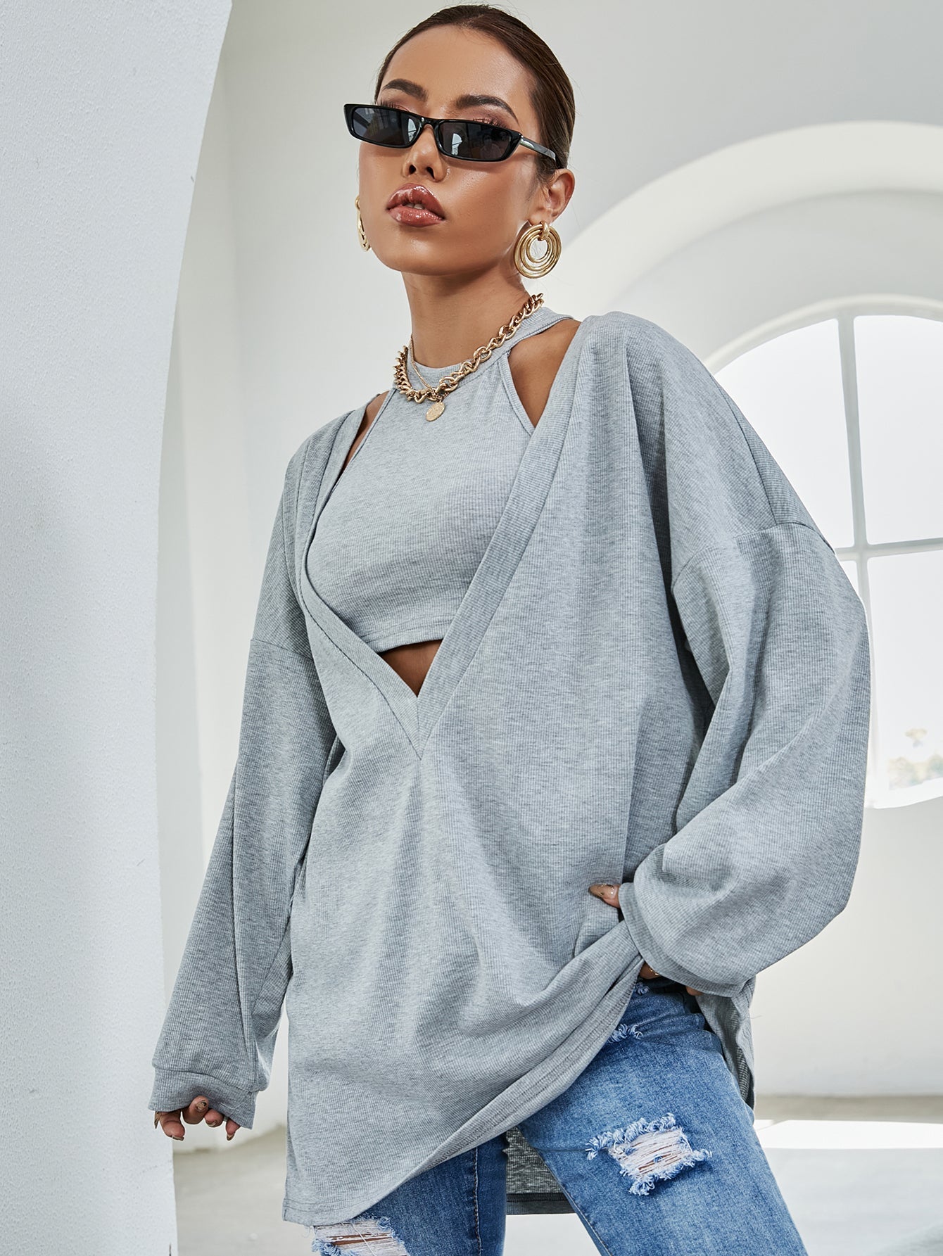 Drop Shoulder Open Front Pullover With Crop Top Sai Feel