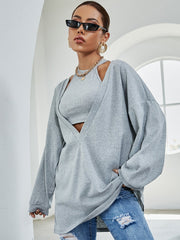 Drop Shoulder Open Front Pullover With Crop Top Sai Feel