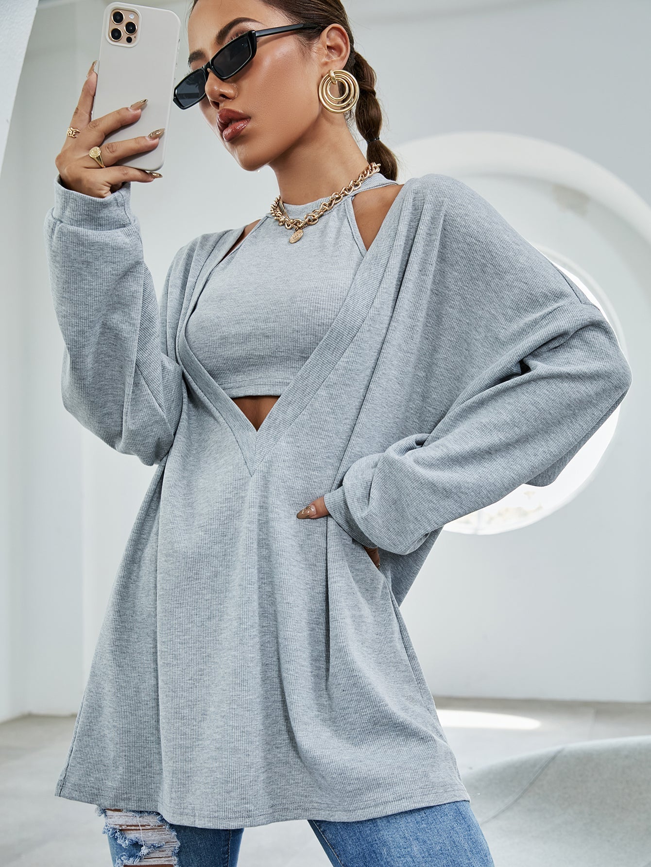 Drop Shoulder Open Front Pullover With Crop Top Sai Feel