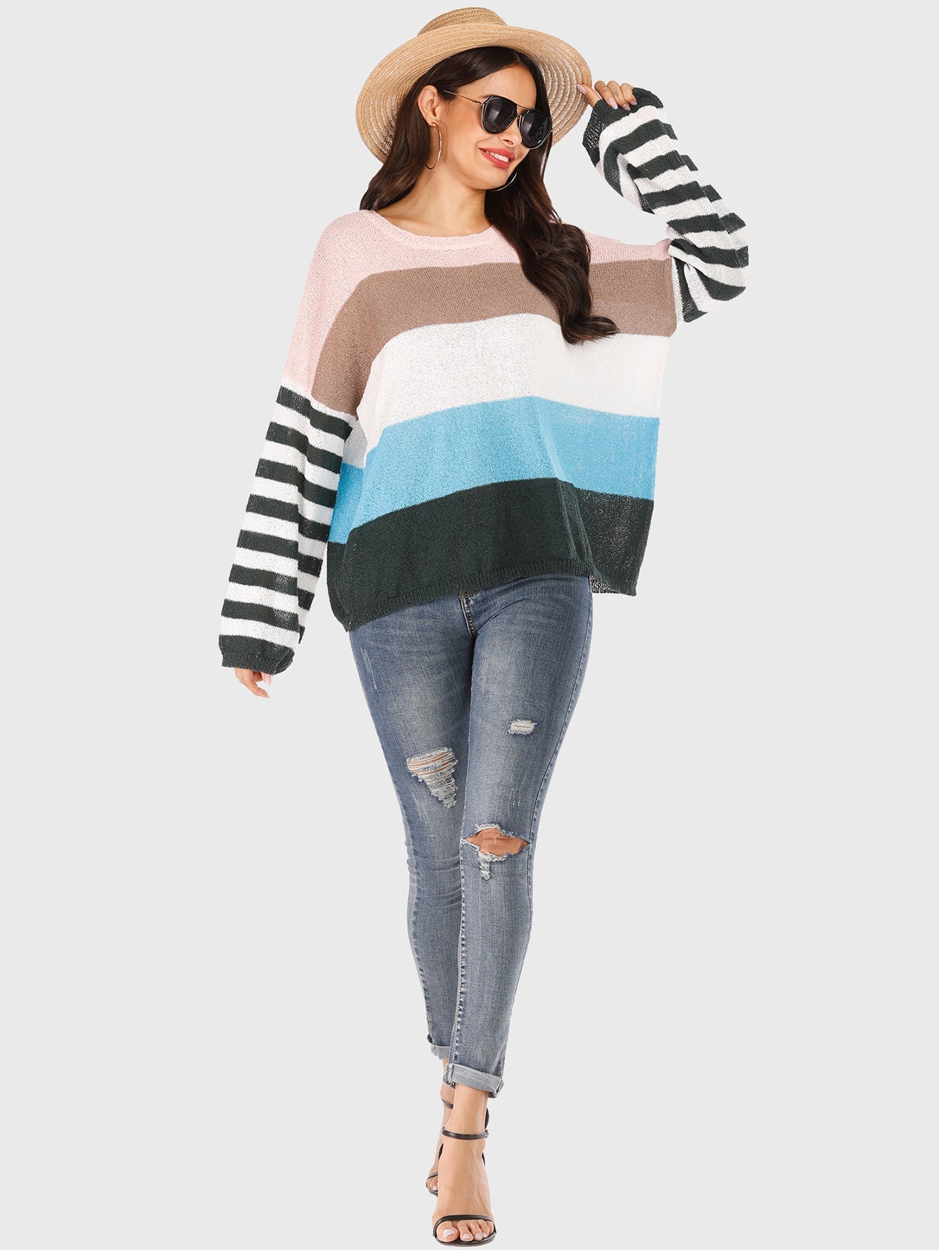 Drop Shoulder Striped Colorblock  Sweater Sai Feel