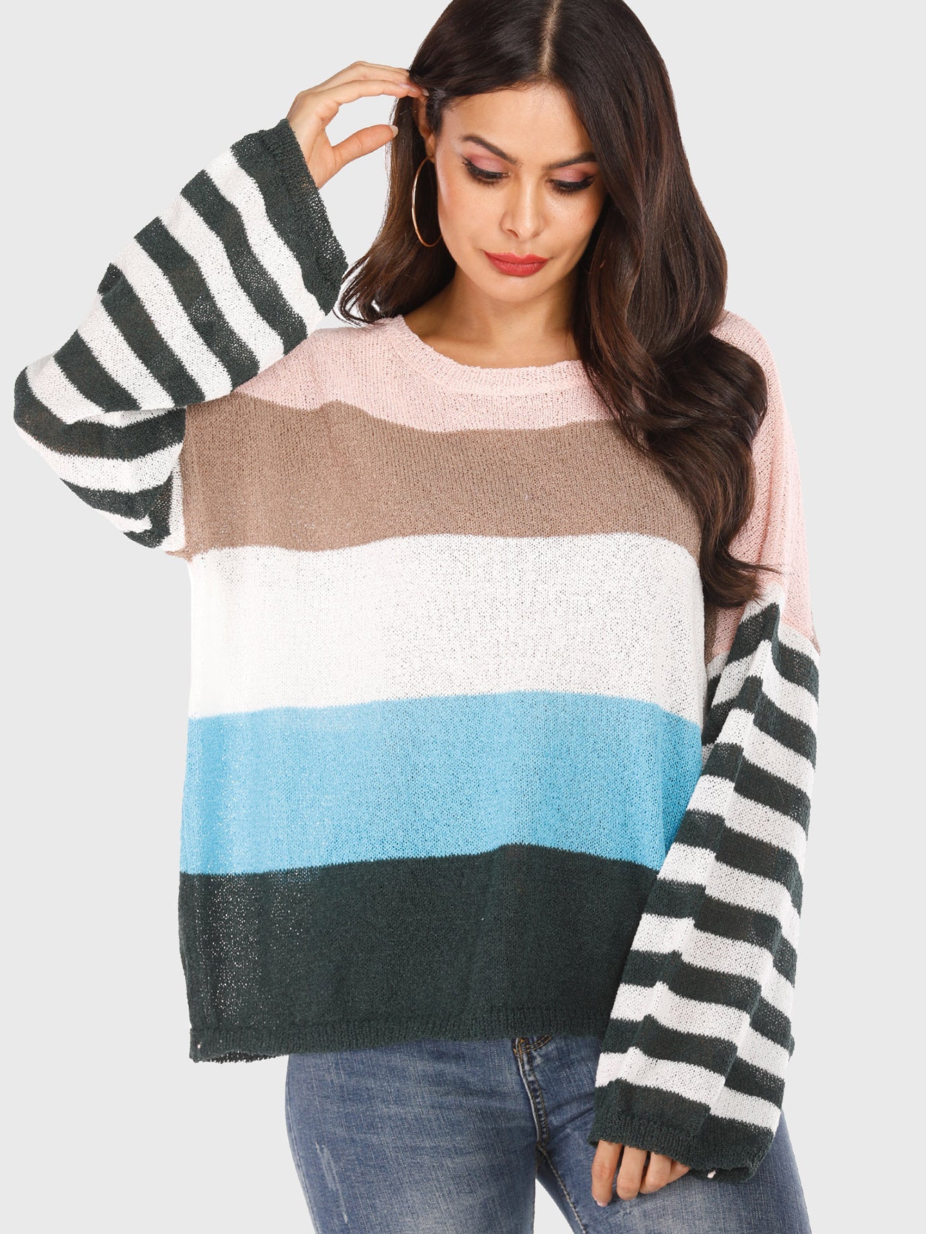 Drop Shoulder Striped Colorblock  Sweater Sai Feel