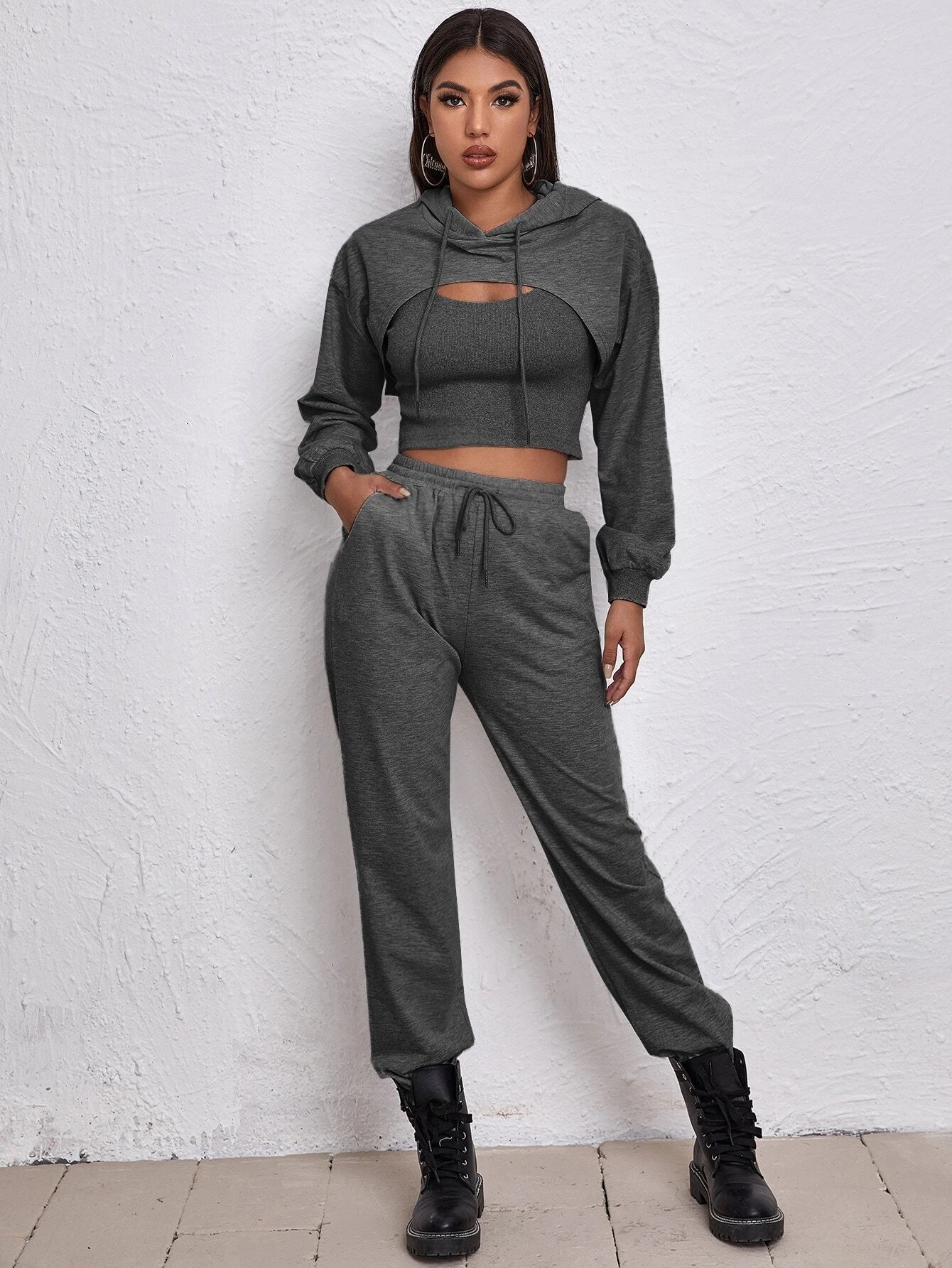 Drop Shoulder Super Crop Sweatshirt & Sweatpants With Tank Top Sai Feel