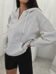 Drop Shoulder Zip Front Drawstring Hoodie Sai Feel