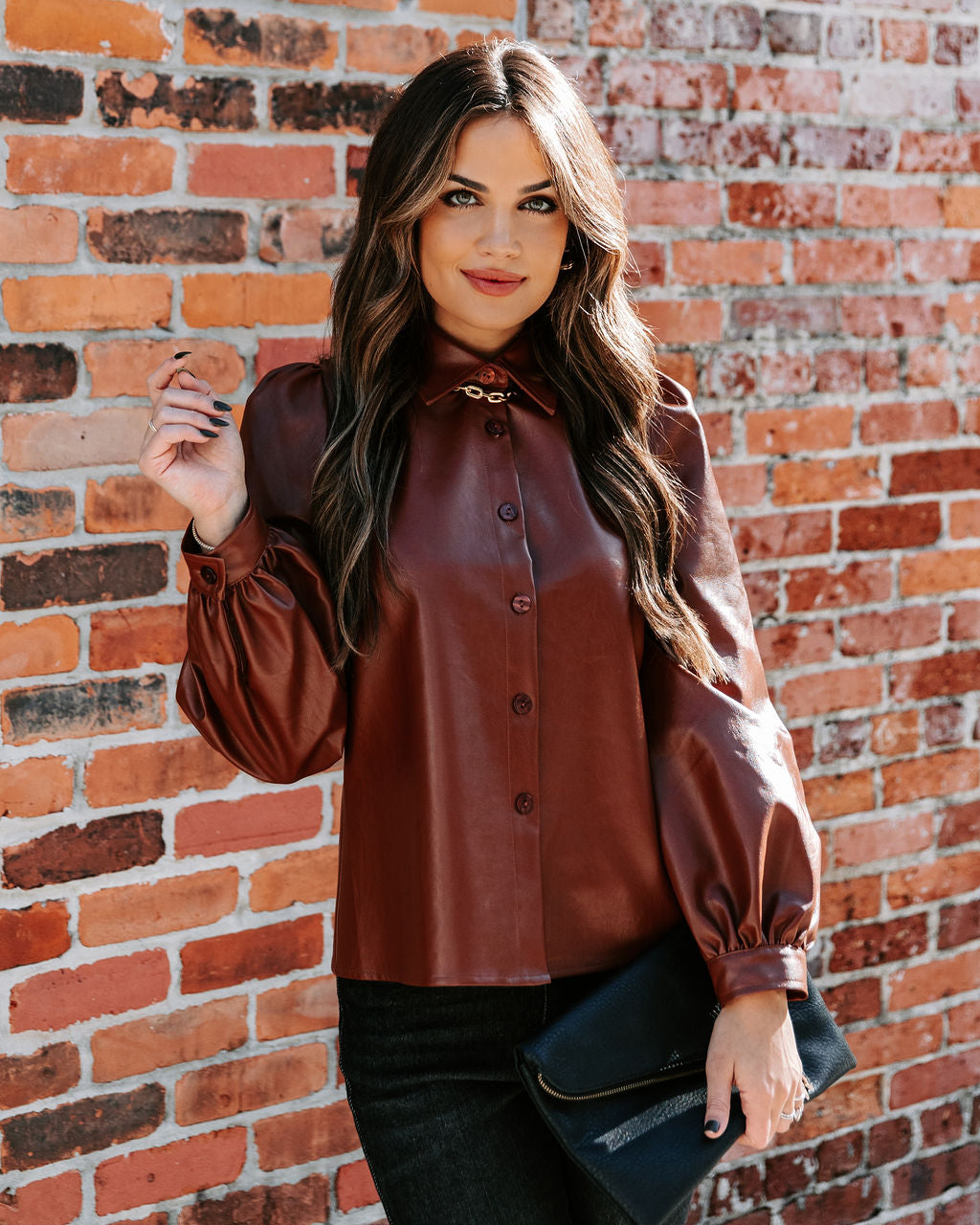 Akira Button Down Faux Leather Top - Brown - FINAL SALE