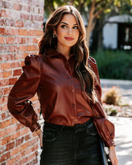 Akira Button Down Faux Leather Top - Brown - FINAL SALE