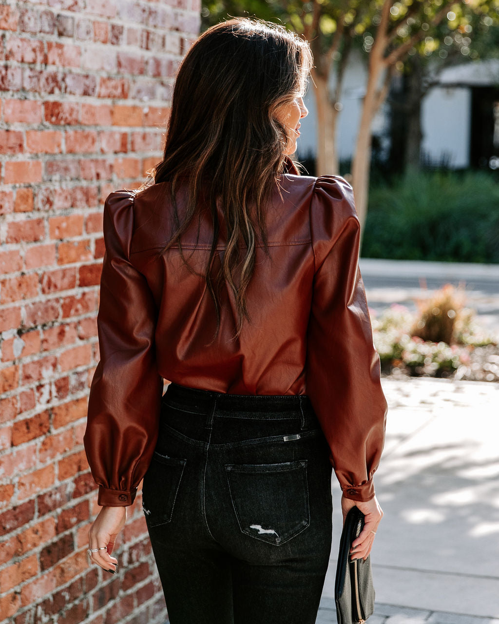 Akira Button Down Faux Leather Top - Brown - FINAL SALE