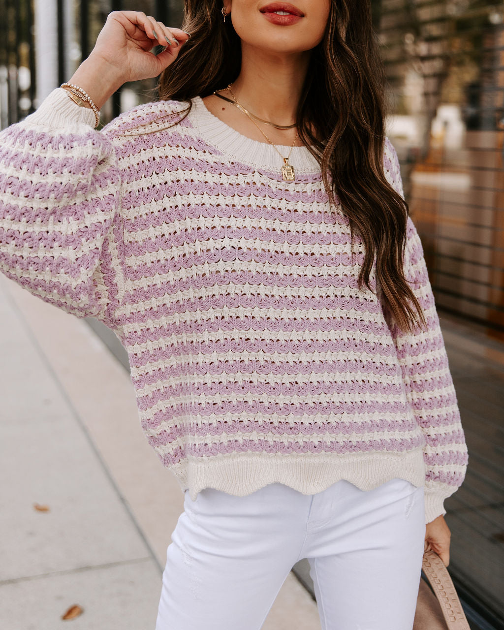 Aerin Cotton Blend Scalloped Sweater - Lavender - FINAL SALE