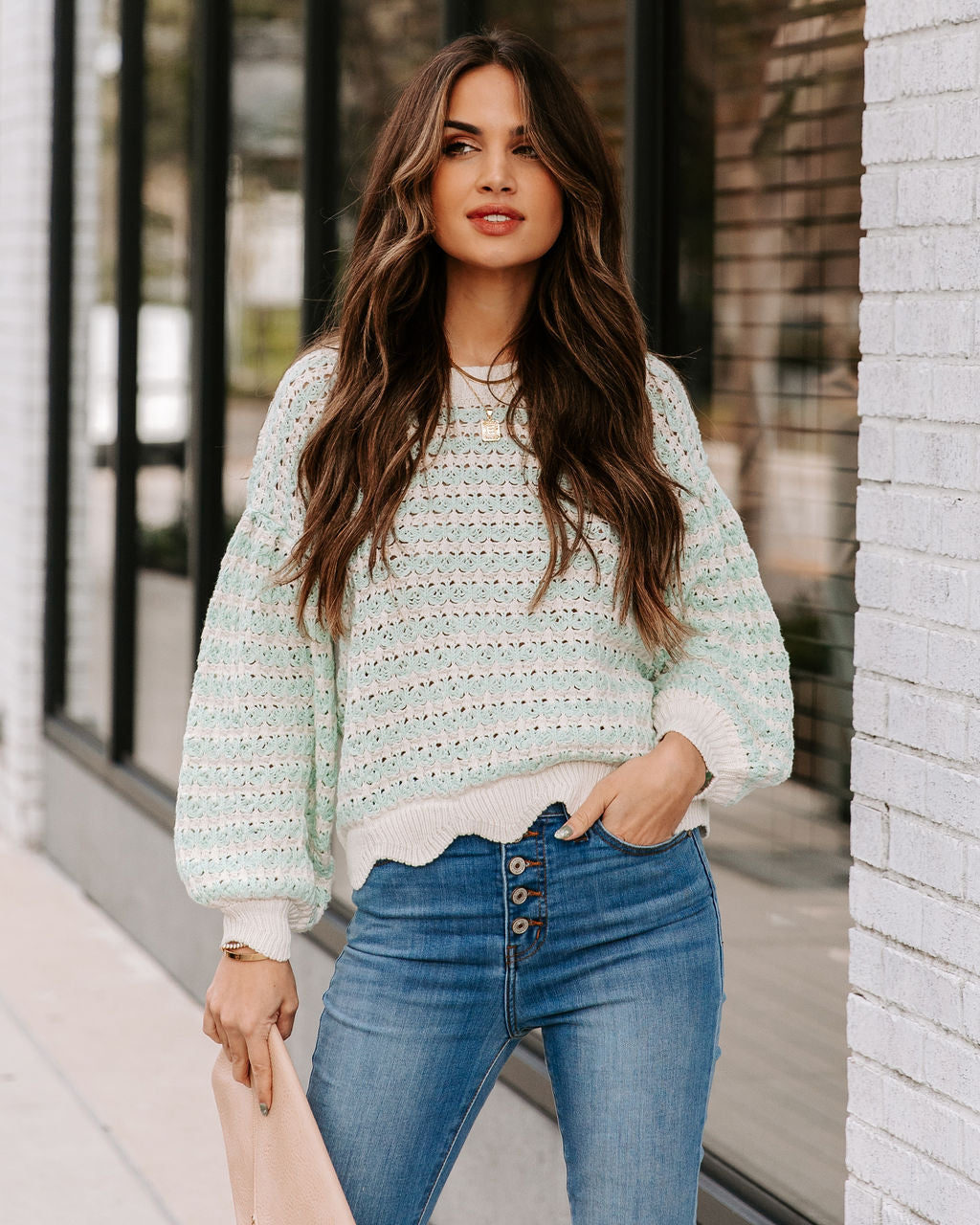 Aerin Cotton Blend Scalloped Sweater - Mint - FINAL SALE